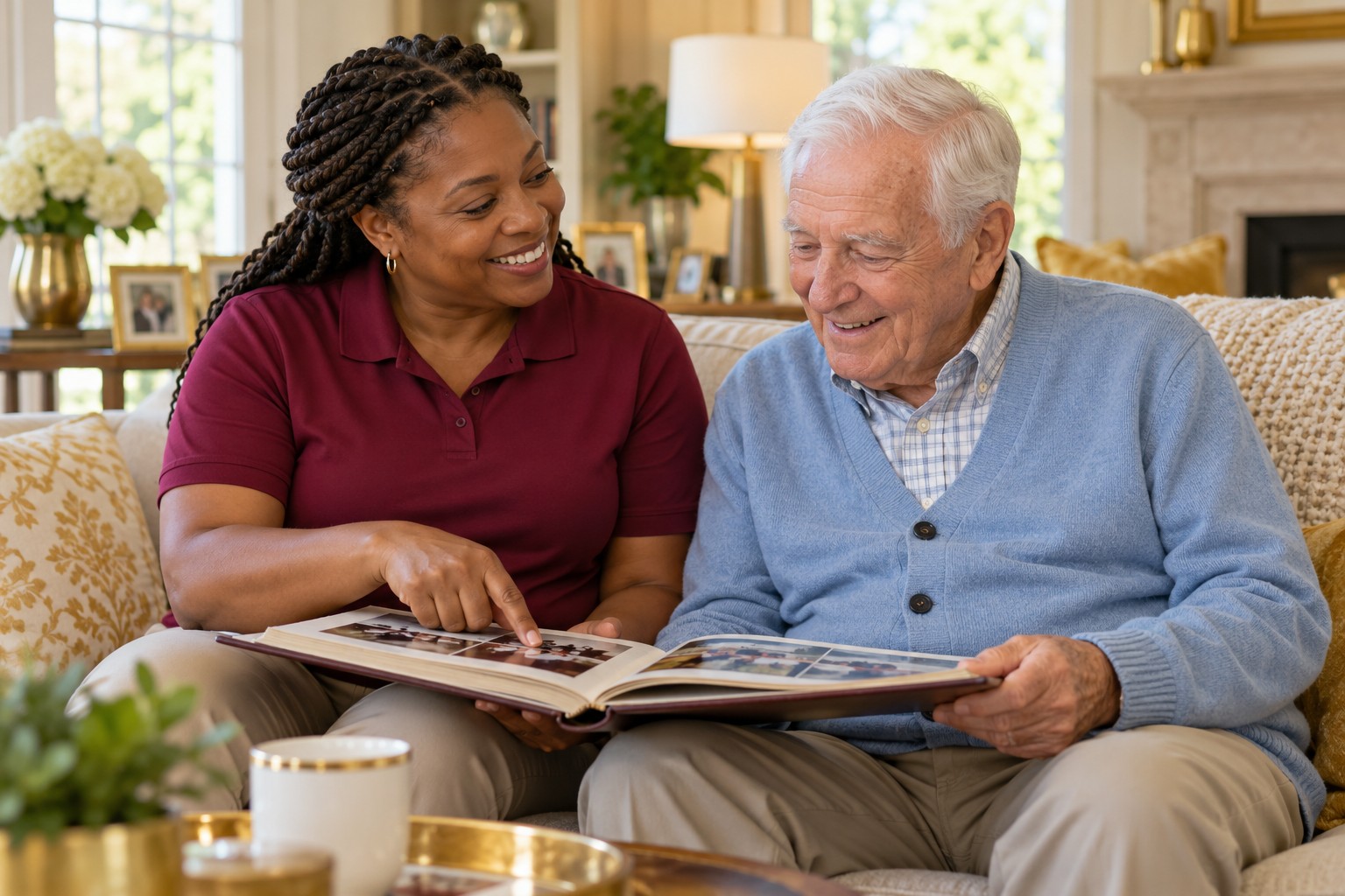 An African American caregiver and a Caucasian client sharing a family photo album at home
