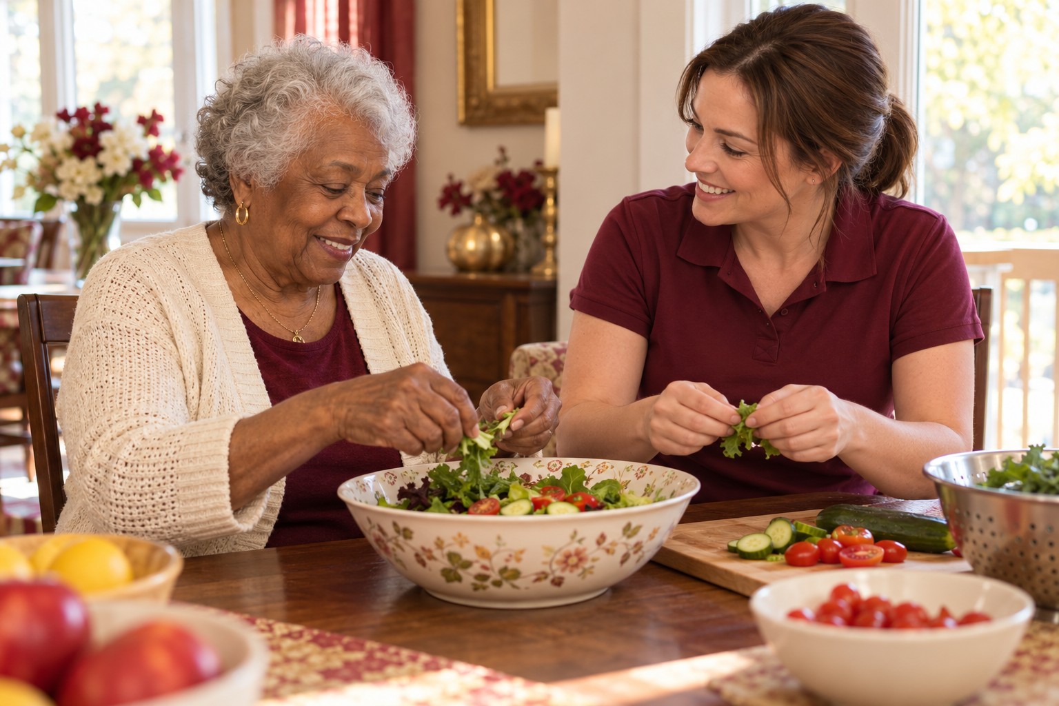 An African American client and a Caucasian caregiver preparing a meal together at home